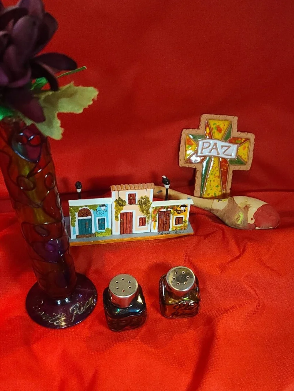 Puerto Rico -Stain Glass Look Decor Vase Salt Pepper Shakers Note Holder, Cross